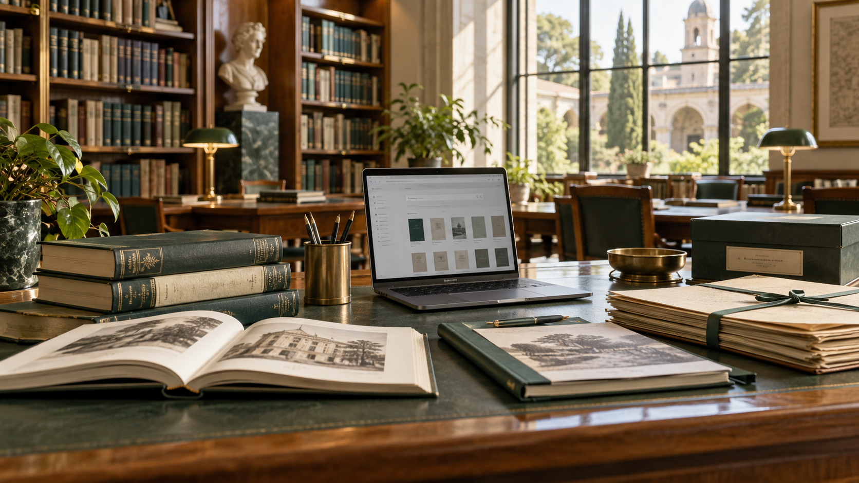 Libros, documentos y catálogo digital en una biblioteca académica