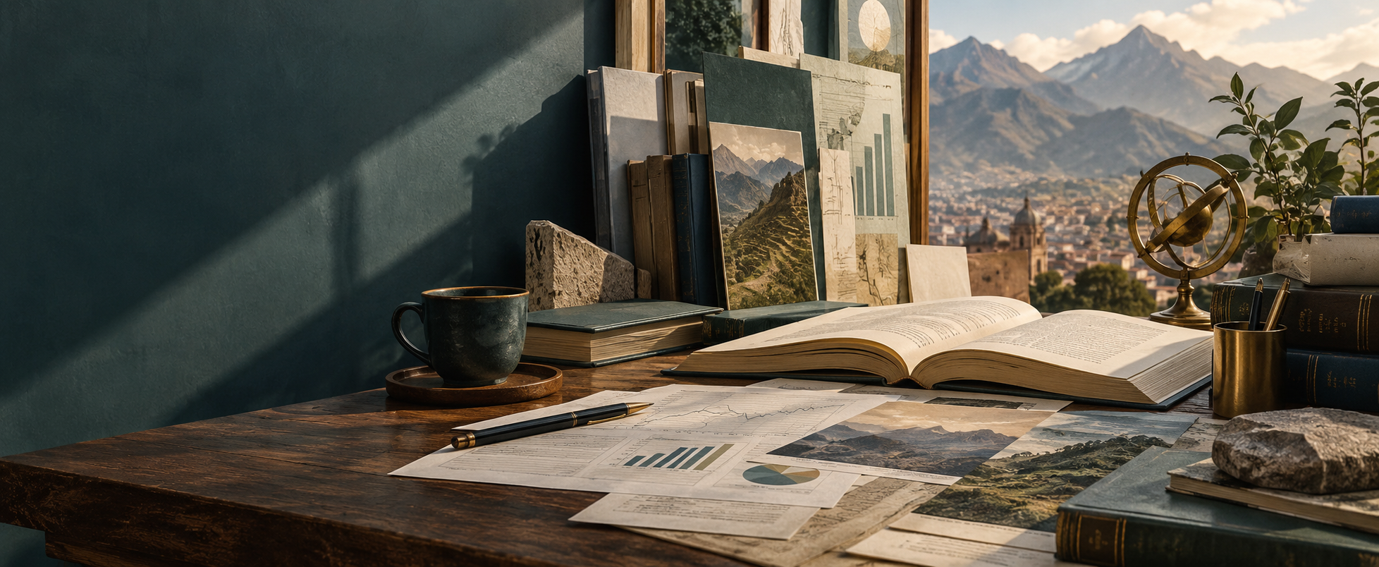 Mesa de investigación con libros, documentos, gráficos y paisaje andino